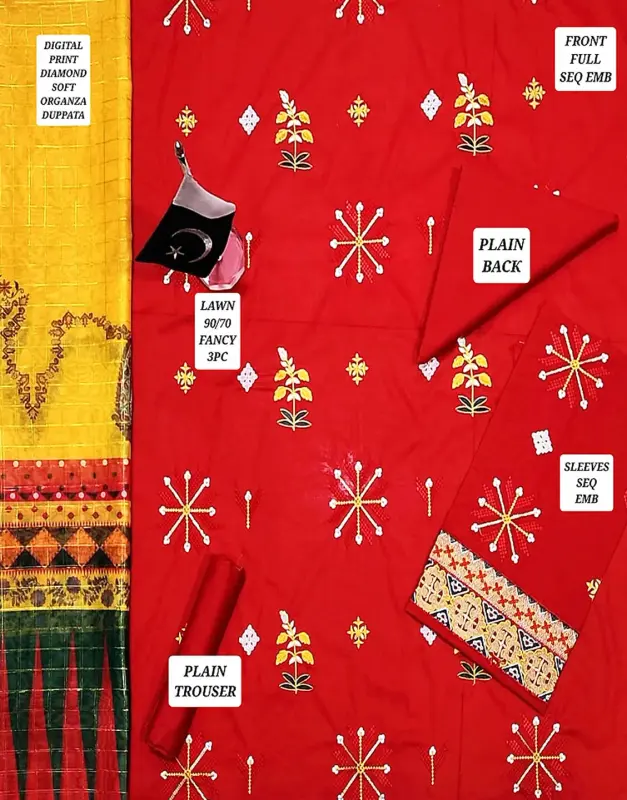 Trendy Embroidered Lawn Dress with Organza Dupatta image 2