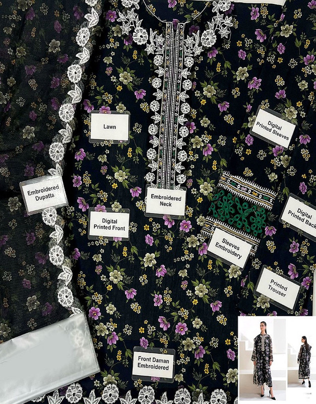 Fancy Embroidered EID Lawn Dress with Emb. Khaddi Net Dupatta image 3