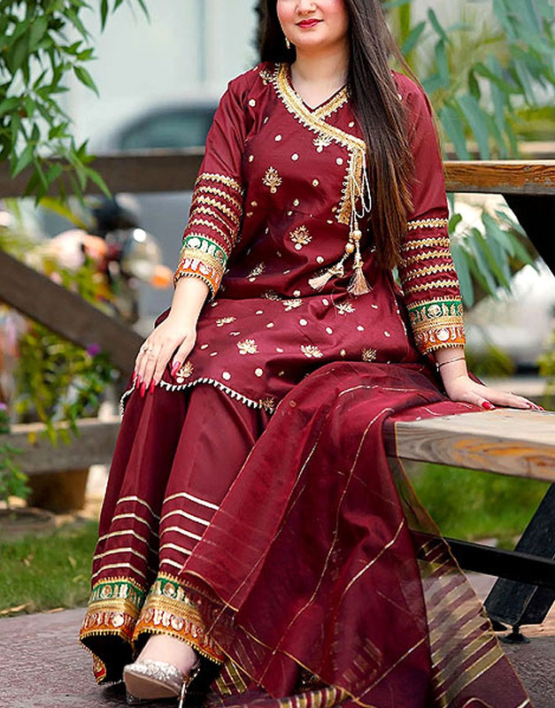 Ready-to-Wear Angrakha Style Embroidered Raw Silk Party Wear Red Dress image 2