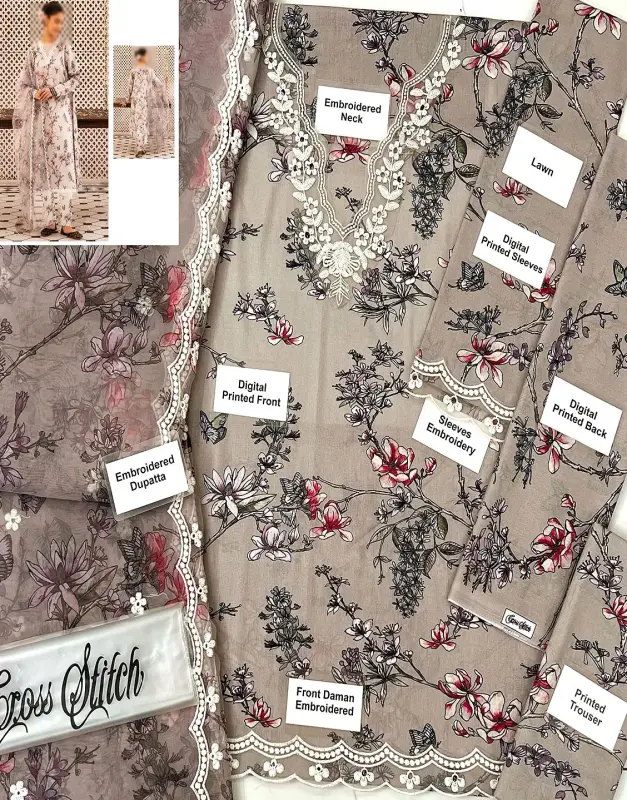 Elegant Embroidered Lawn Suit with Organza Dupatta leatest image 3