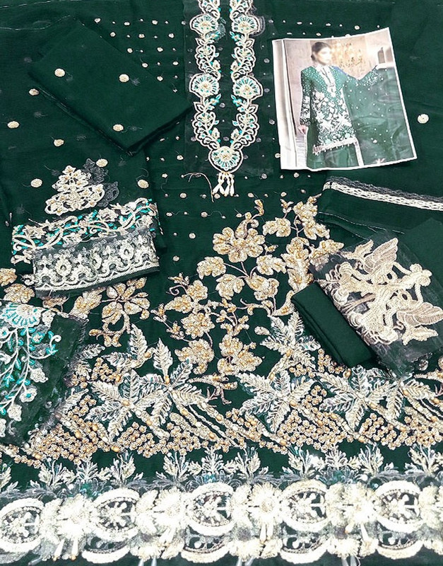 Heavy Embroidered with Handwork Bottle Green Chiffon Wedding Green Dress image 2