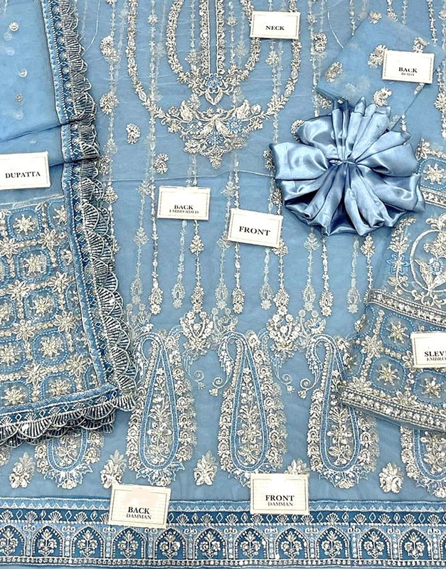 Luxury Handwork Heavy Embroidered Net Bridal Light Blue Maxi Dress image 2