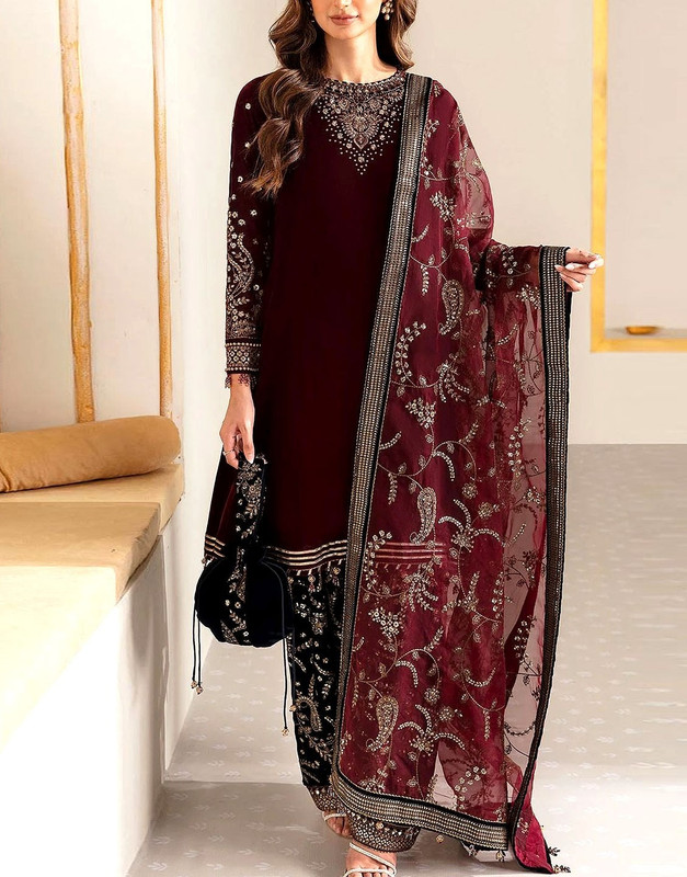 Trendy Embroidered Velvet Party Wear Dress with Emb. Silk Trouser image 2