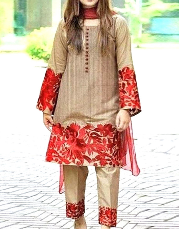 Unstitched 2-Piece Scroll Embroidered Lawn Suit with Heavy Daman and Embroidered Trouser Patches (2025).