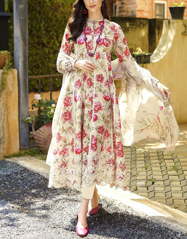 All-Over Floral Print Embroidered Lawn Suit 3-Pc with Schiffli Daman and Printed Soft Chiffon Dupatta (2025).