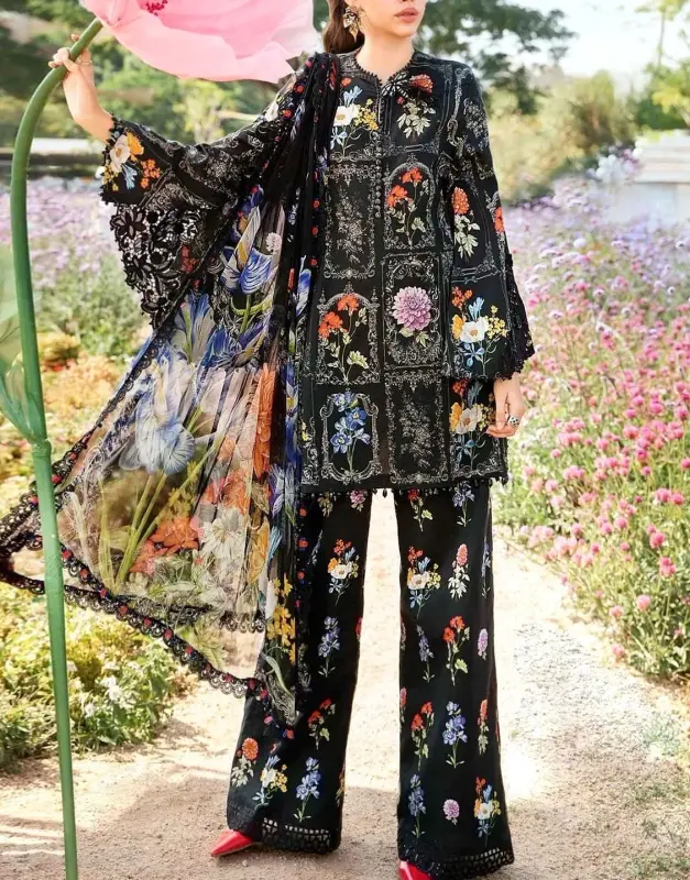 Unstitched All-Over Printed Embroidered Lawn 3-Piece Suit for Eid with Soft Chiffon Dupatta.