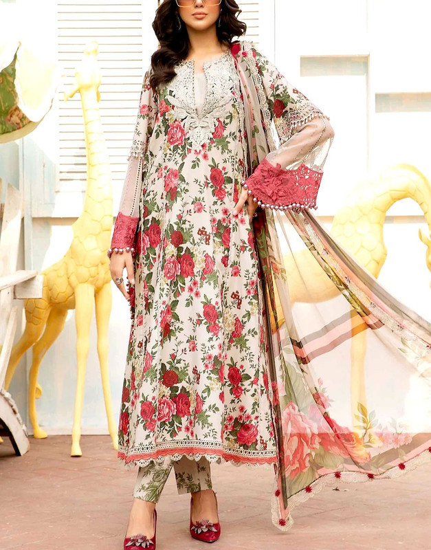 All-Over Print Embroidered EID Lawn Suit 3-Pc with Printed Soft Chiffon Dupatta (2025).