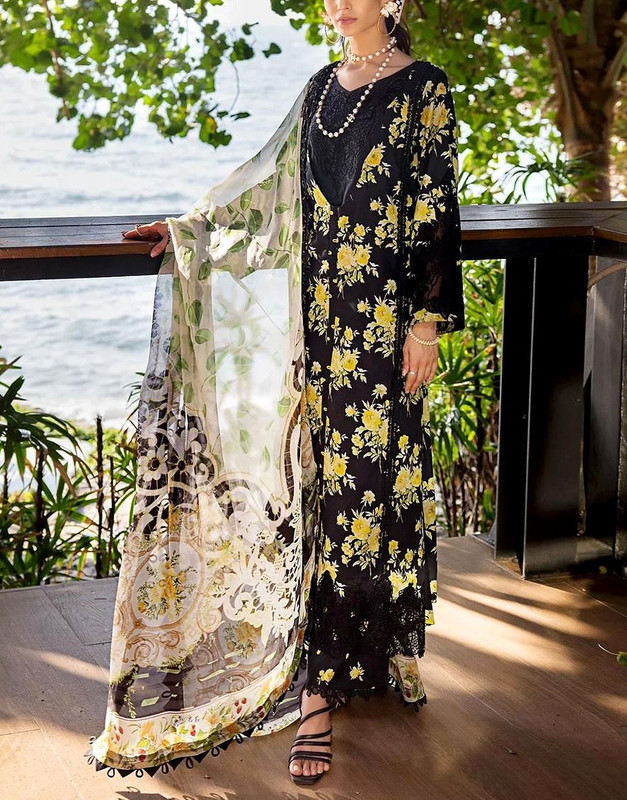 All-Over Print Embroidered Lawn Suit 3-Pc with Printed Chiffon Dupatta (2025).