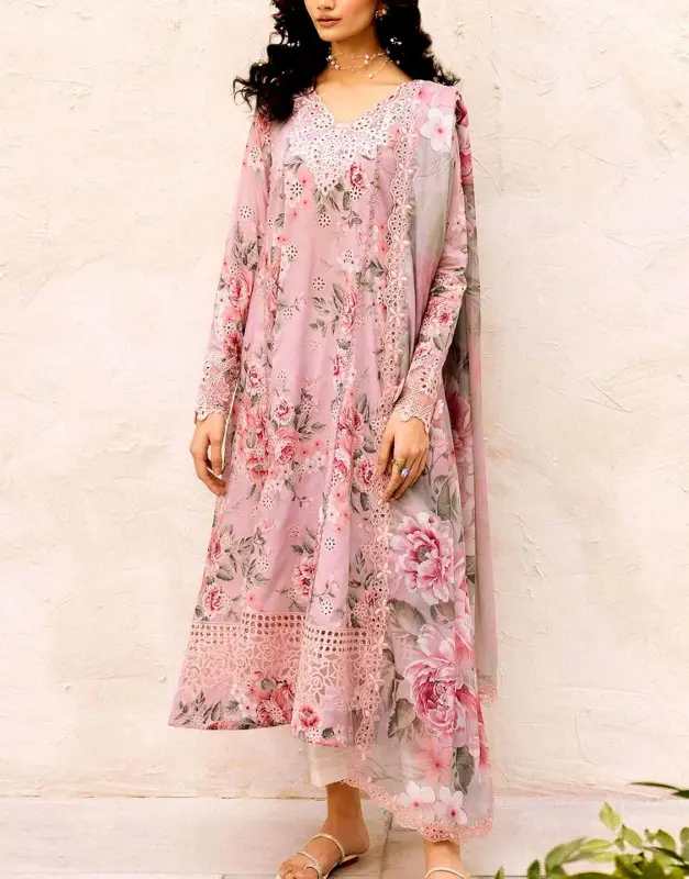 90/70 Quality Schiffli Embroidered Lawn Suit 3-Pc with 4-Side Border Chiffon Dupatta (2025).