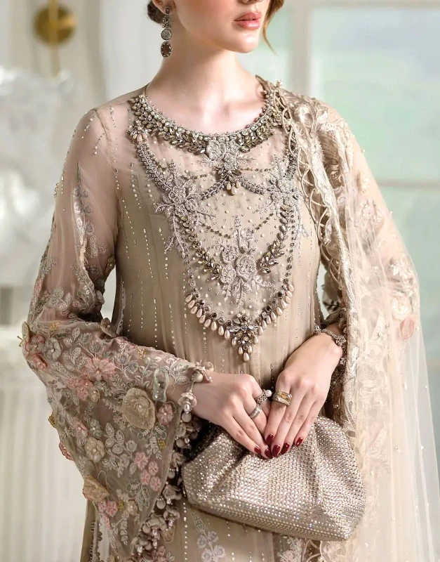 Beige heavy embroidered chiffon wedding dress front view - unstitched Pakistani formal outfit with 3D handwork embellished neckline