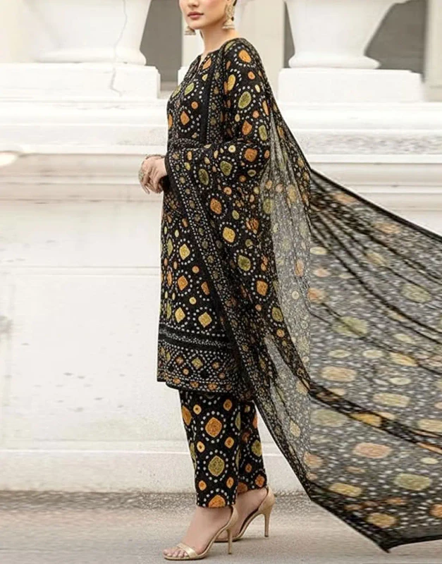 Black digital chunri lawn unstitched 3-piece suit front view - embroidered chiffon dupatta Pakistani summer outfit