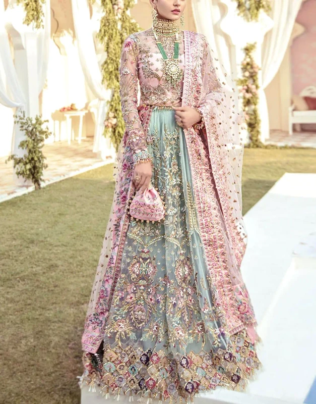 Blush pink sage green embroidered net bridal lehenga front view - unstitched Pakistani luxury wedding party outfit with colorful embellishments