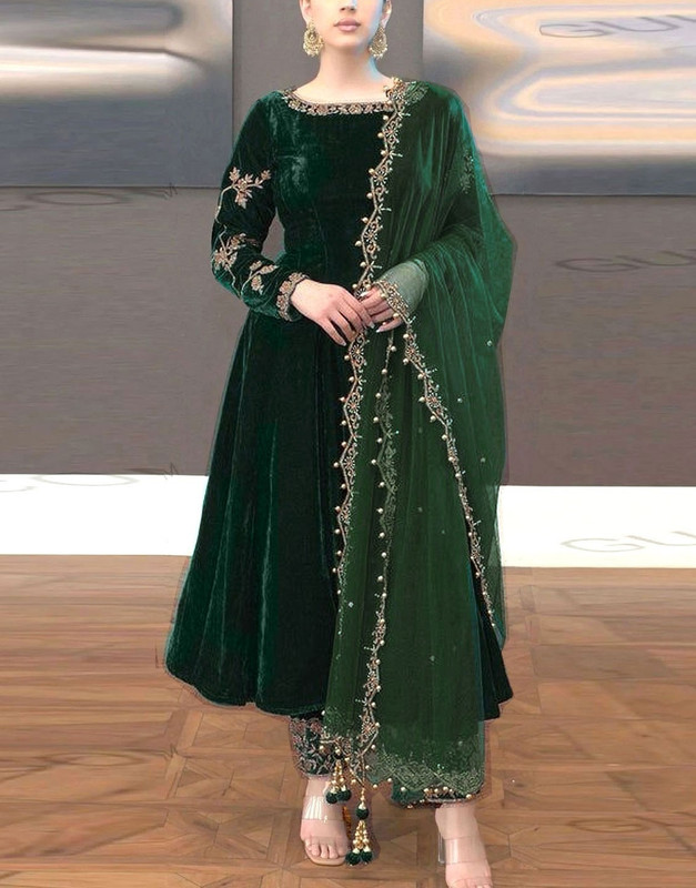 Decent Embroidered Bottle Green Velvet Suit (9000 Micro) with Embroidered Organza Dupatta.