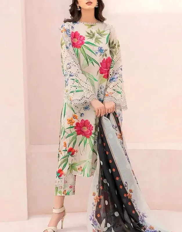 Unstitched Digital Print Swiss Lawn 3-Pc Suit with Schiffli Embroidered Sleeves and Digital Printed Silk Dupatta.