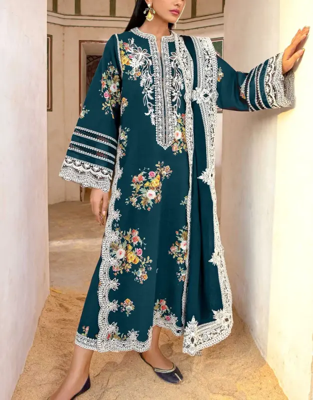 Elegant Embroidered Lawn Suit 3-Pc with Printed Diamond Dupatta (2025).