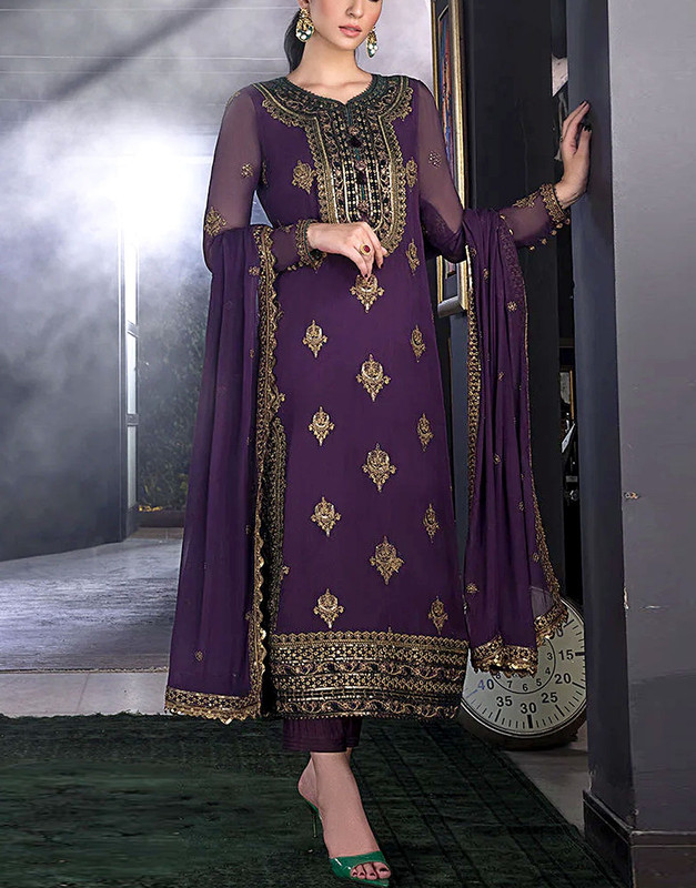 Elegant Embroidered Purple Chiffon Wedding Dress (Unstitched).