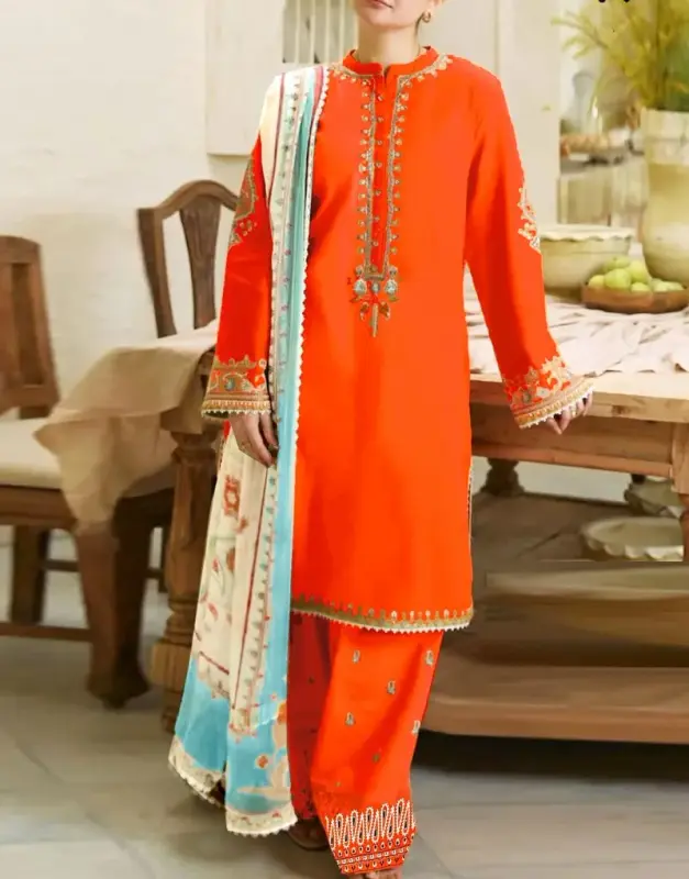 Unstitched Fancy Embroidered Lawn 3-Piece Suit with heavy front work and a contrasting Digital Print Diamond Dupatta.