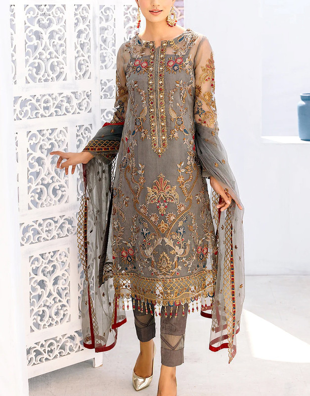 Handwork Embroidered Organza Party Wear Dress 2026 with Hanging Daman Tassels.
