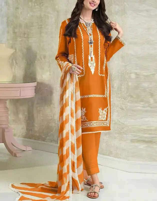 Heavy Embroidered Lawn Suit 3-Pc in printed design with Digital Print Diamond Zari Dupatta (2025).