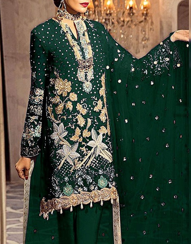 Heavy Handwork Embroidered Chiffon Suit in Bottle Green for Wedding Wear.
