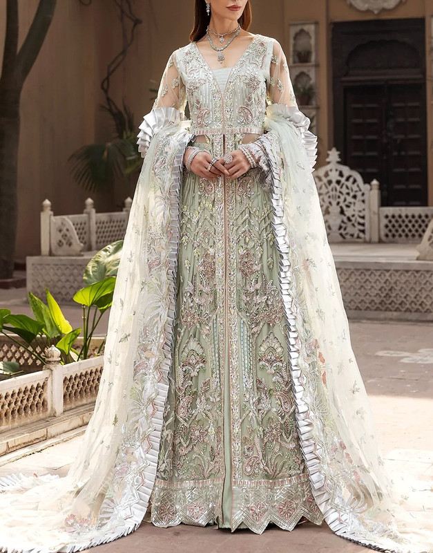 Luxurious Mirror & Heavy Handwork Embroidered Net Bridal Maxi Dress with Silk Border Dupatta.