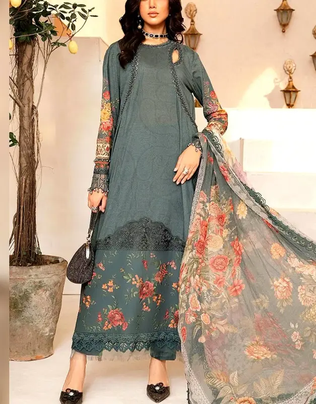 Luxury Embroidered Printed Lawn 3-Piece Suit with heavy embroidered daman and Printed Soft Chiffon Dupatta.