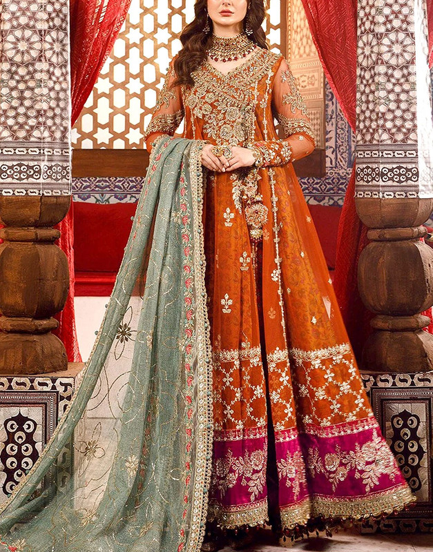 Luxury Handwork Heavy Embroidered Net Bridal Maxi Suit with Printed Jamawar Trouser.
