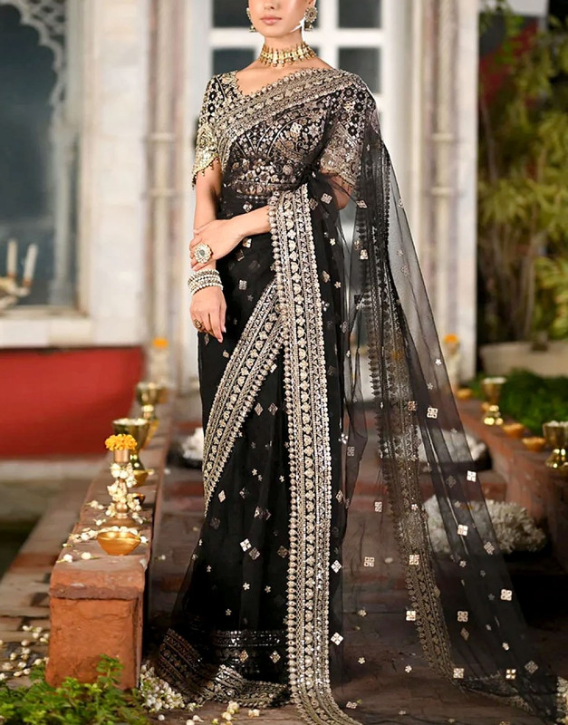 Luxury Heavy Embroidered Black Net Formal Wedding Saree (6.5 Yards) with Raw Silk Blouse Body.