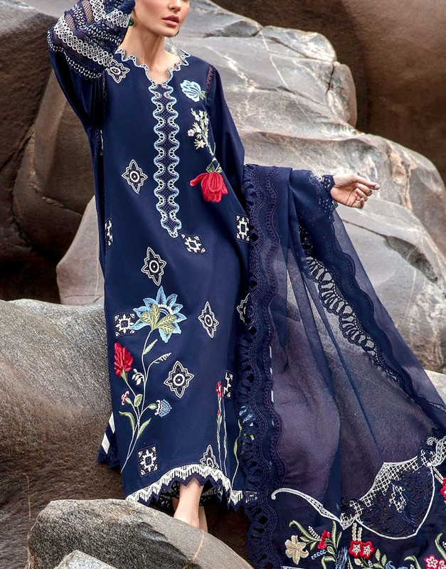Luxury Heavy Embroidered Lawn Suit 3-Pc with 4-Side Border Embroidered NET Dupatta (2025).