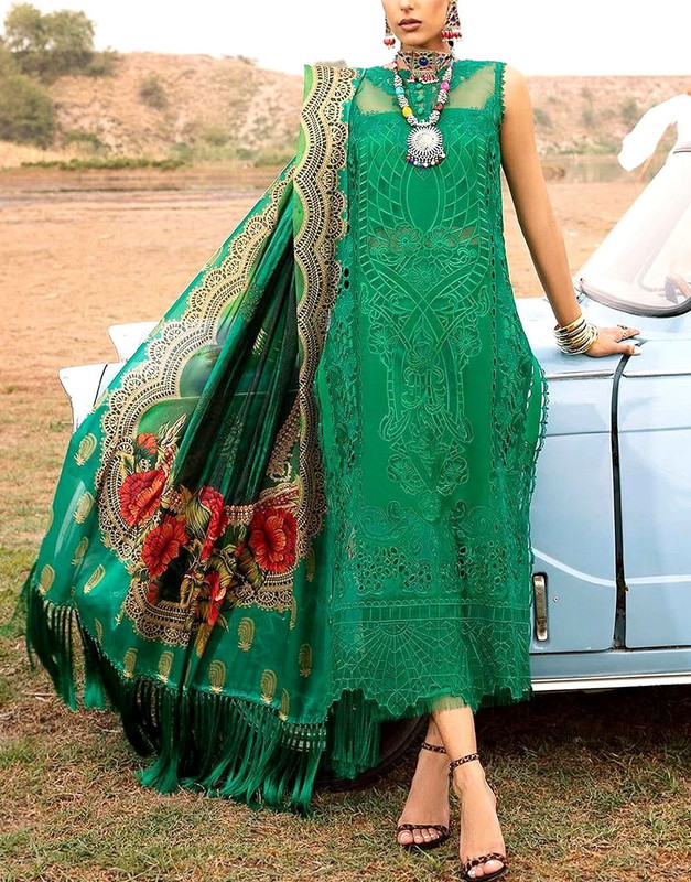Luxury Heavy Schiffli Embroidered Cotton Suit 3-Pc with Digital Printed Silk Dupatta (2025).