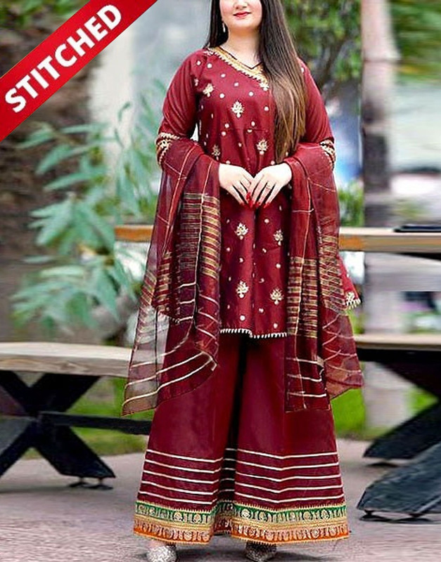 Ready-to-Wear Angrakha Embroidered Raw Silk 3-Pc Suit in Red with Printed Khaddi Net Dupatta.