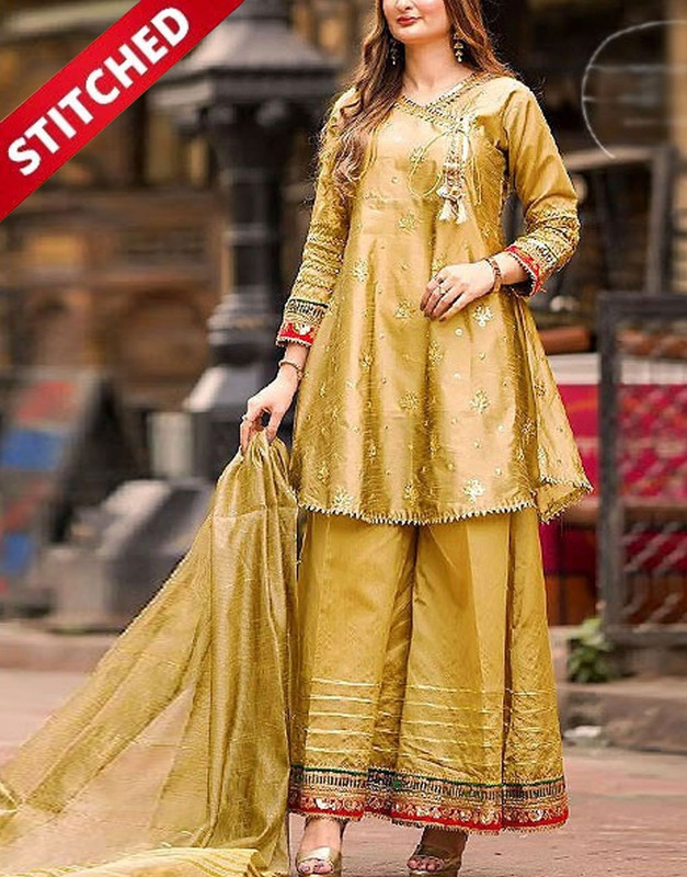 Ready-to-Wear Angrakha Embroidered Raw Silk 3-Pc Suit in Yellow with Printed Khaddi Net Dupatta.