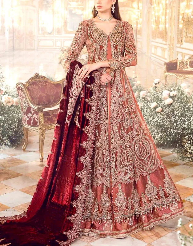 Rust-Orange Net Maxi Dress with alternate zari embroidery and a huge 100-inch flare