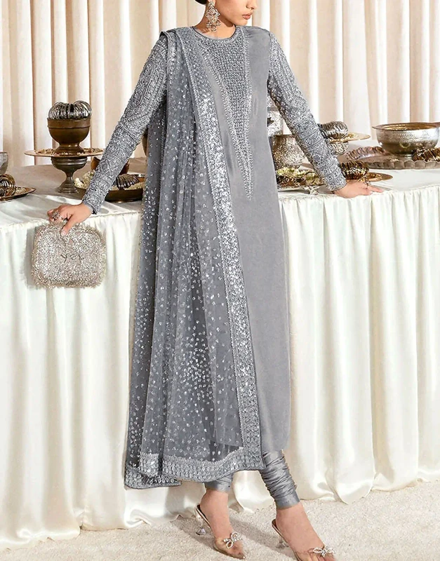 Silver Grey Hand-Embellished Raw Silk Wedding Dress with Glittering Net Dupatta