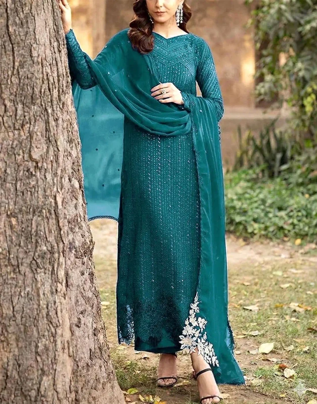 Teal Blue Sequins Embroidered Chiffon Party & Wedding Dress