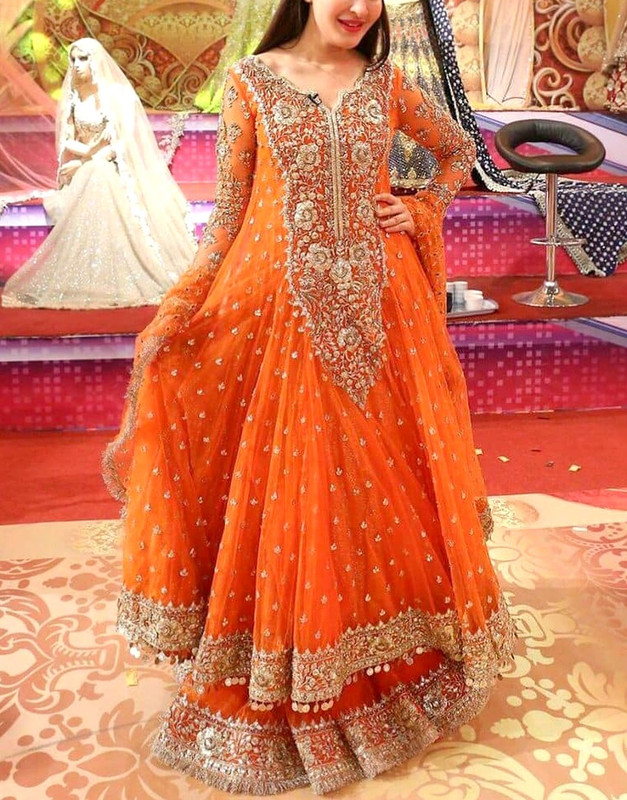 Vibrant Embroidered Orange Chiffon Maxi Dress with Zari and Sequins work.